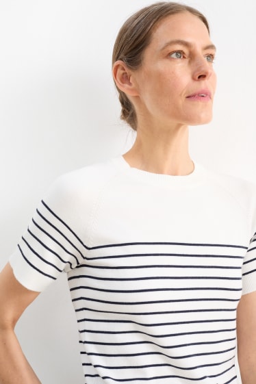 Damen - Strickpullover - kurzarm - gestreift - dunkelblau