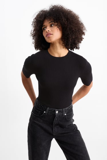 Damen - Strickpullover - kurzarm - schwarz