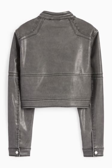 Dona - Caçadora biker crop - pell sintètica - gris fosc