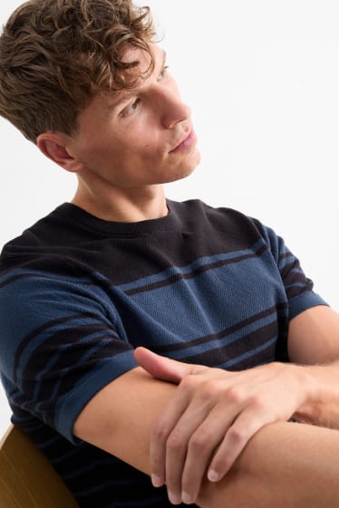 Herren - Strickpullover - kurzarm - gestreift - strukturiert - dunkelblau