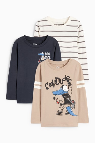 Kinder Jungen - Multipack 3er - Skater-Krokodil - Langarmshirt - blau / beige