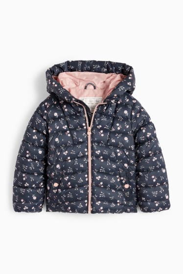 Enfants filles - Doudoune à capuche - déperlante - à fleurs - bleu foncé