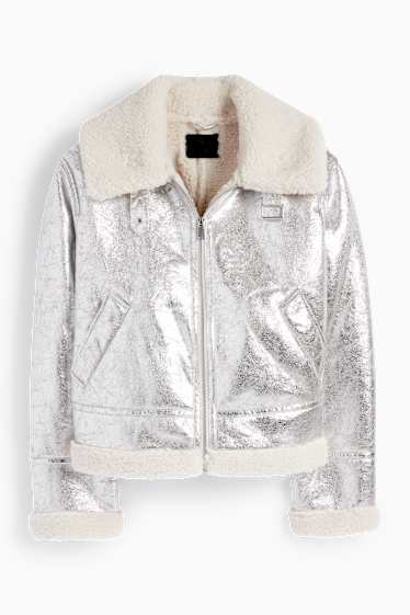 Mujer - Chaqueta de borrego - polipiel - con brillos - plateado