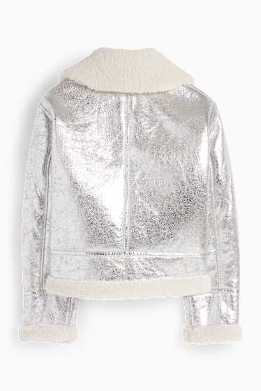 Mujer - Chaqueta de borrego - polipiel - con brillos - plateado