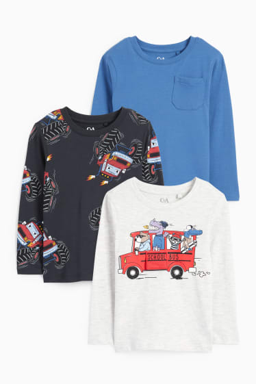 Enfants garçons - Lot de 3 - Monster truck et animaux sauvages - haut à manches longues - bleu / blanc