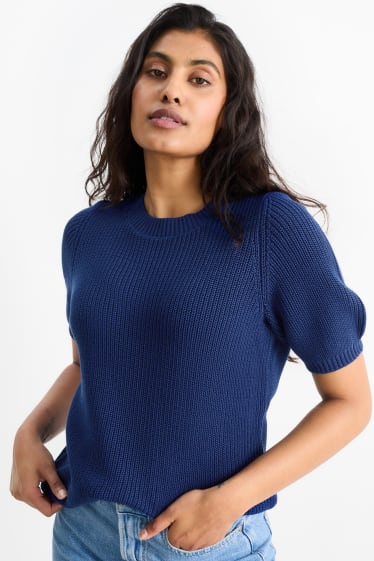 Damen - Strickpullover - kurzarm - dunkelblau
