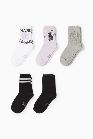 Niños: niñas - Pack de 5 - gato y luna - calcetines con dibujo - blanco