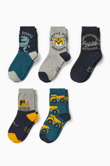 Enfants garçons - Lot de 5 paires - camions, dinosaures et tigres - chaussettes à motif - bleu