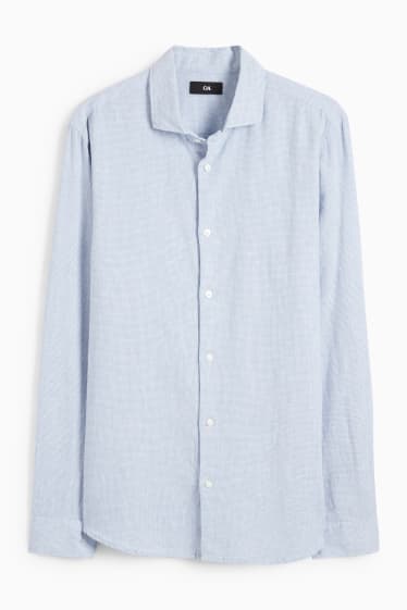 Men - Shirt - regular fit - cutaway collar - linen blend - check - light blue