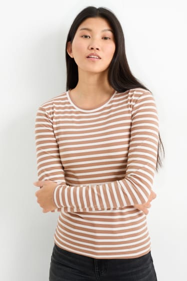 Donna - Maglia a maniche lunghe basic - a righe - bianco / beige