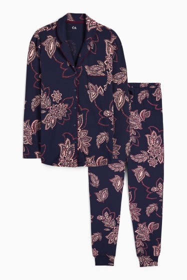 Damen - Pyjama - geblümt - dunkelblau