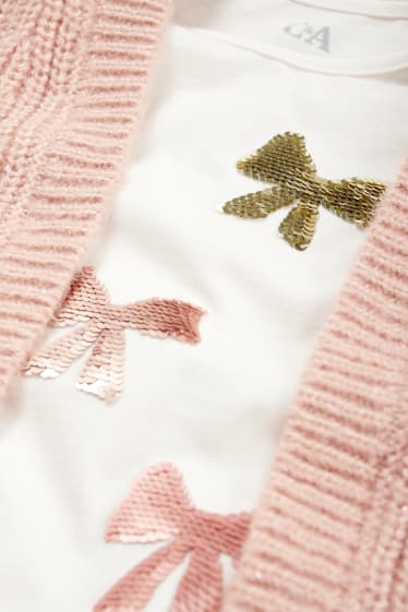 Bambine - Fiocchi - set - maglia a maniche lunghe e cardigan - 2 pezzi - rosa / beige