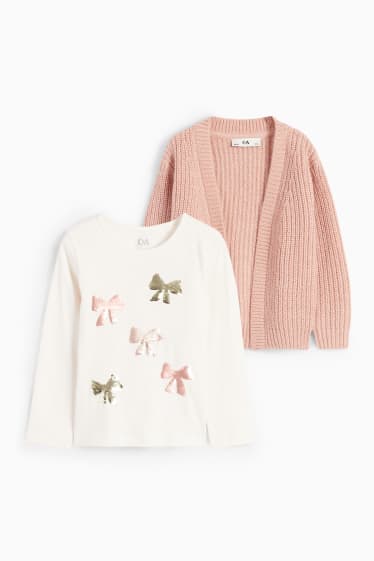 Bambine - Fiocchi - set - maglia a maniche lunghe e cardigan - 2 pezzi - rosa / beige