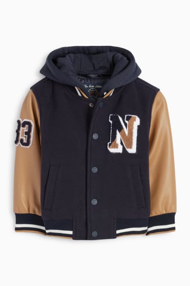 Kinderen: jongens - Fleece collegejas met capuchon - blauw / beige