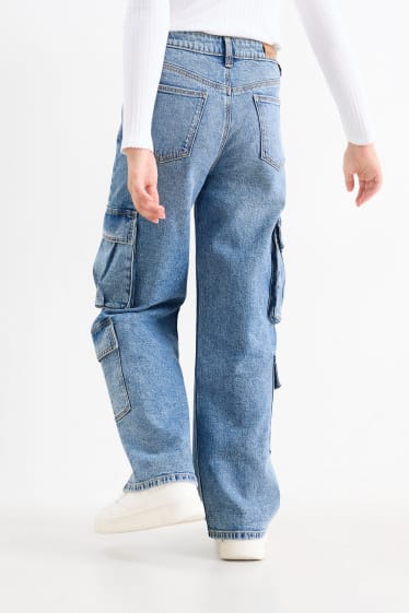 Kinderen: meisjes - Wide leg cargojeans - jeansblauw