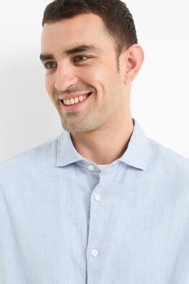 Men - Shirt - regular fit - cutaway collar - linen blend - check - light blue