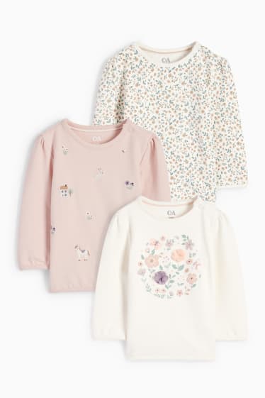 Baby Mädchen - Multipack 3er - Blümchen und Bauernhof - Baby-Sweatshirt - weiß / rosa