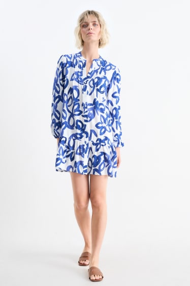 Damen - Blusenkleid - gemustert - blau / weiß