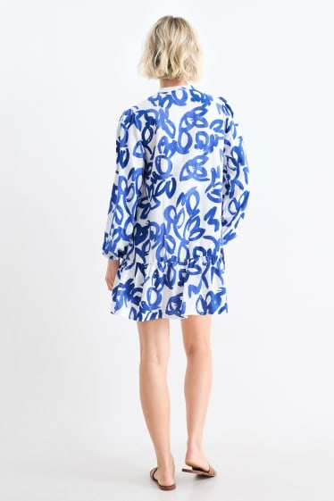Damen - Blusenkleid - gemustert - blau / weiß