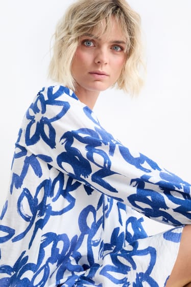 Damen - Blusenkleid - gemustert - blau / weiß