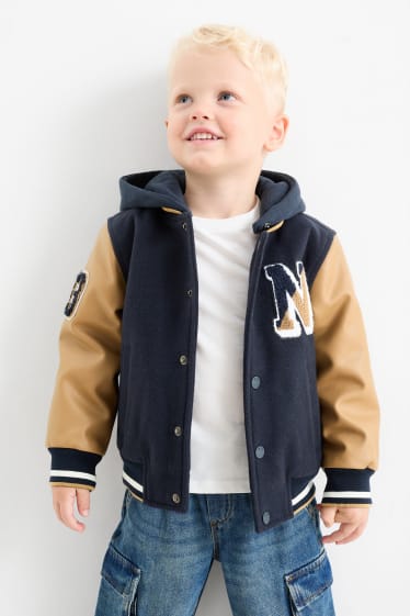 Kinderen: jongens - Fleece collegejas met capuchon - blauw / beige