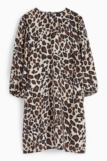 Dames - Jurk met pofmouwen - luipaardprint - bruin
