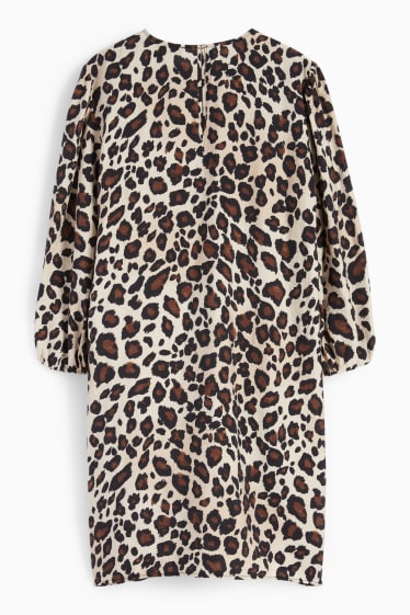 Dames - Jurk met pofmouwen - luipaardprint - bruin
