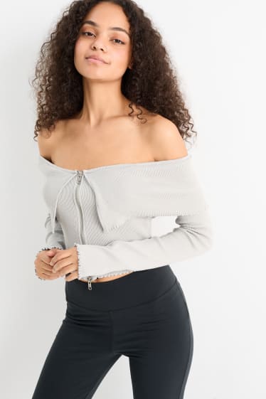 Damen - Crop Strickjacke - hellgrau