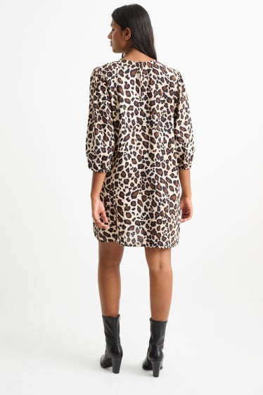 Dames - Jurk met pofmouwen - luipaardprint - bruin