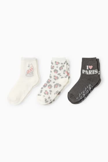 Niños: niñas - Pack de 3 - leopardo - calcetines antideslizantes calentitos con dibujo - blanco roto