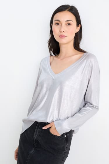 Donna - Maglione in maglia fine scollo a V - effetto brillante - argento
