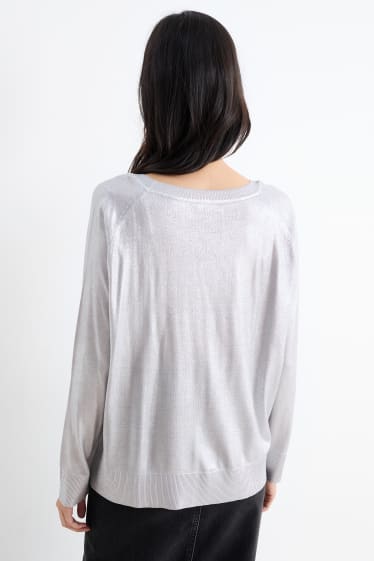 Donna - Maglione in maglia fine scollo a V - effetto brillante - argento