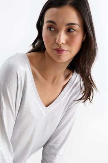 Donna - Maglione in maglia fine scollo a V - effetto brillante - argento