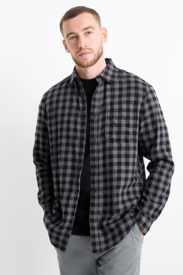Uomo - Camicia - regular fit - collo all'italiana - a quadretti - nero