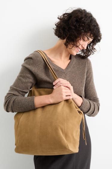 Dámské - Velká semišová kabelka shopper - světle béžová