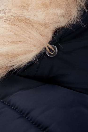 Bambine - Cappotto trapuntato con cappuccio, riporto di ecopelliccia e cintura - blu scuro
