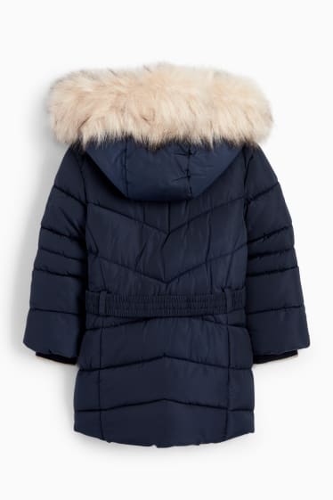 Bambine - Cappotto trapuntato con cappuccio, riporto di ecopelliccia e cintura - blu scuro