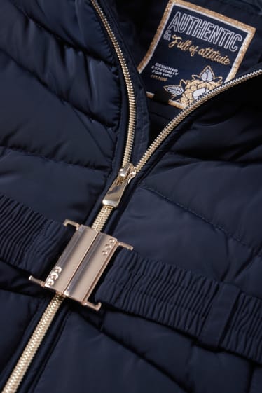 Bambine - Cappotto trapuntato con cappuccio, riporto di ecopelliccia e cintura - blu scuro