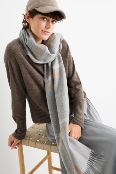 Donna - Sciarpa con frange - a quadretti - grigio