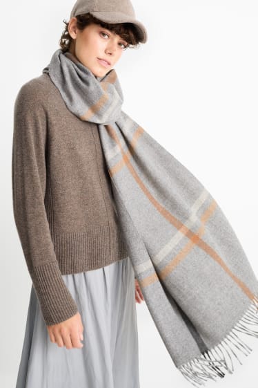 Donna - Sciarpa con frange - a quadretti - grigio