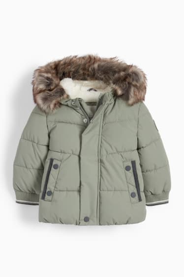 Baby Jungen - Baby-Steppjacke mit Kapuze und Kunstfellbesatz - hellgrün