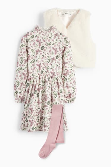 Copii - Fete - Set - rochie, vestă și dresuri - 3 piese - cu flori - alb