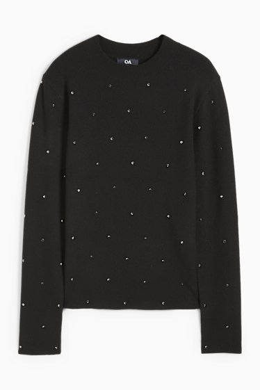 Damen - Feinstrick-Pullover mit Strasssteinen - schwarz
