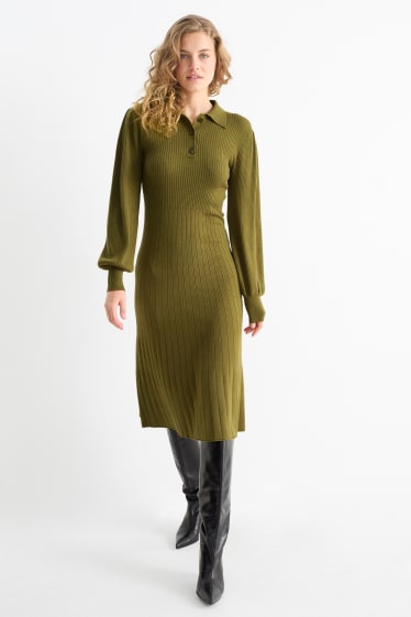Damen - Strickkleid - gerippt - dunkelgrün