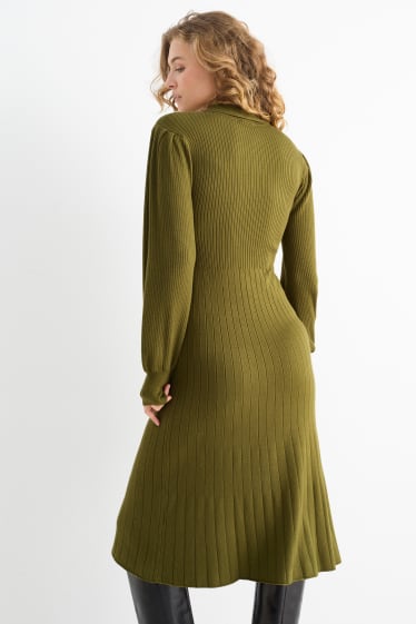 Damen - Strickkleid - gerippt - dunkelgrün