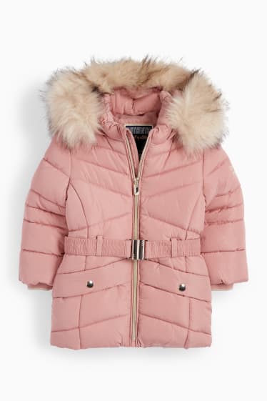 Kinder Mädchen - Steppmantel mit Kapuze, Kunstfellbesatz und Gürtel - pink