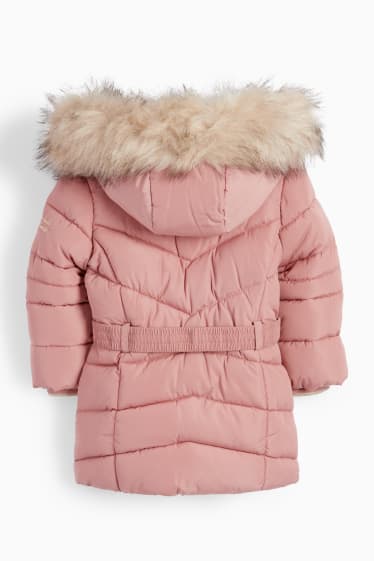 Kinder Mädchen - Steppmantel mit Kapuze, Kunstfellbesatz und Gürtel - pink