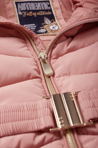 Kinder Mädchen - Steppmantel mit Kapuze, Kunstfellbesatz und Gürtel - pink