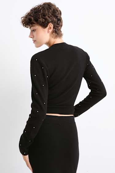 Damen - Feinstrick-Pullover mit Strasssteinen - schwarz