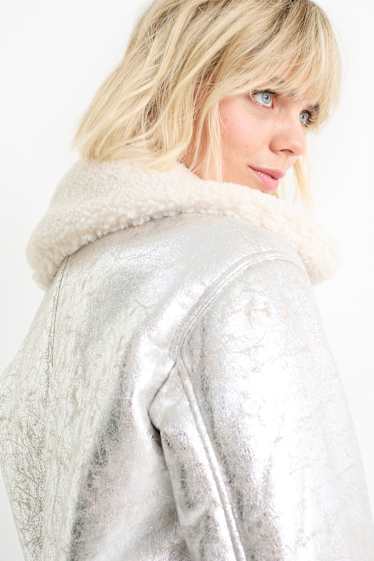 Mujer - Chaqueta de borrego - polipiel - con brillos - plateado